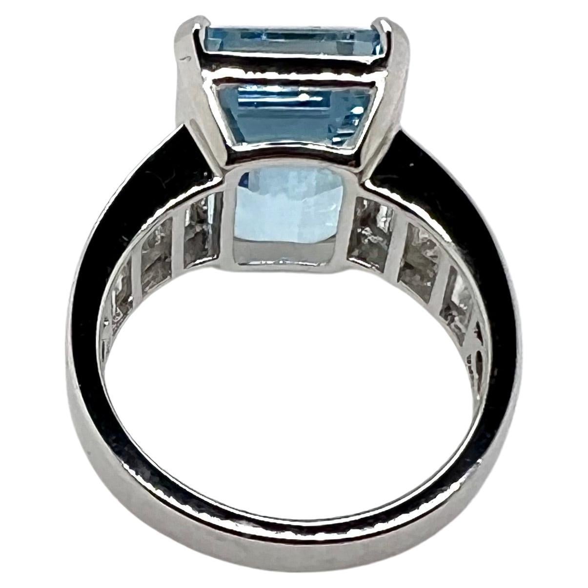 Emerald Cut Platinum Aquamarine Ring with Baguette Diamonds