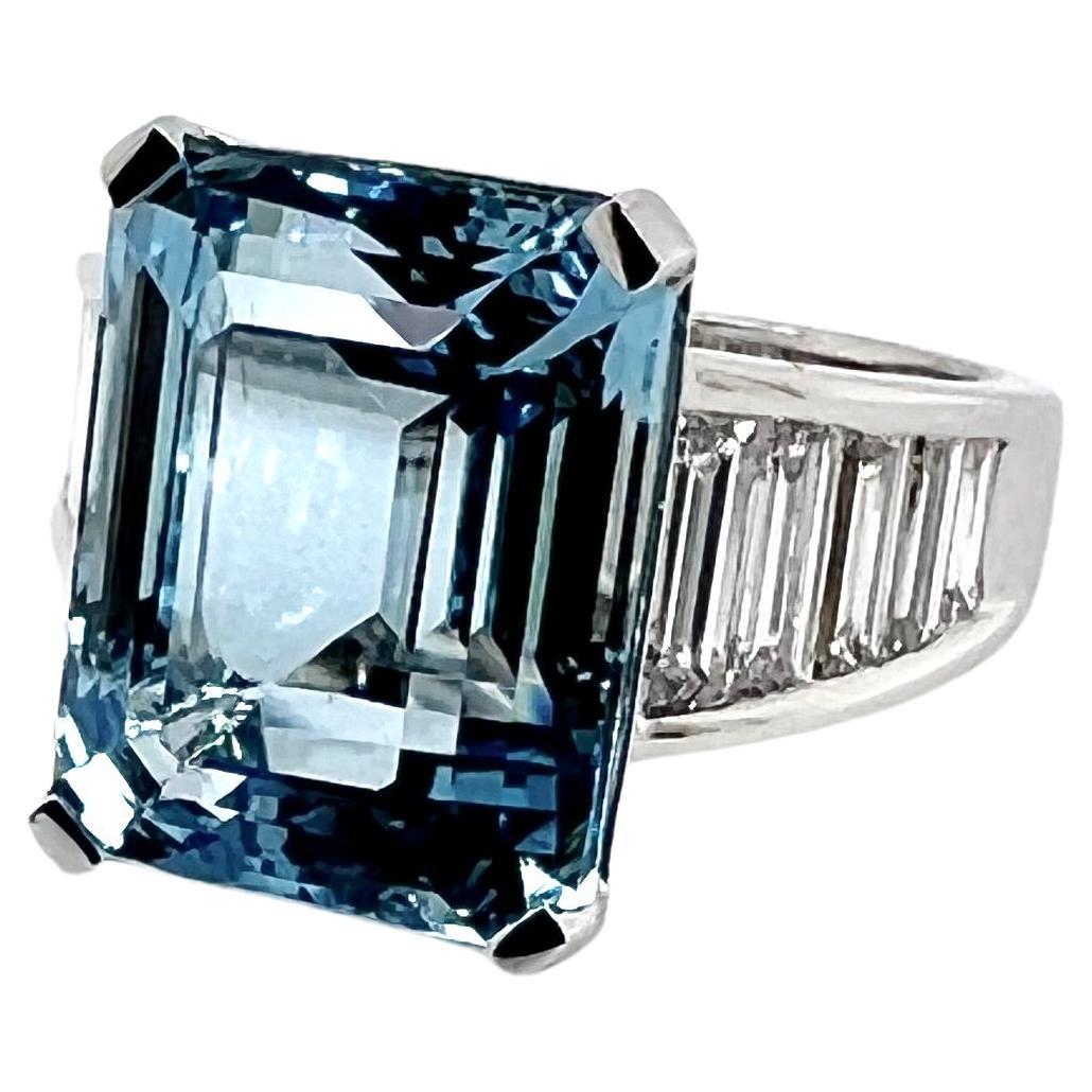 Contemporary Platinum Aquamarine Ring with Baguette Diamonds
