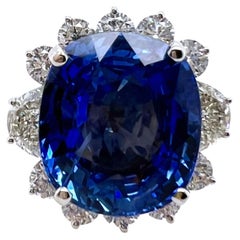 Large, Certified Ceylon Sapphire Ring with Diamonds