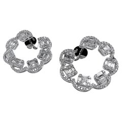 18k White Gold Circular Shaped Baguette and Round Diamond Earrings