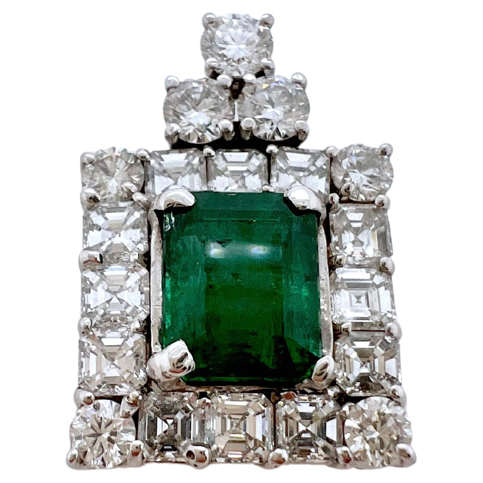 18k White Gold Zambian Emerald Pendant with Asscher & Round Cut Diamond