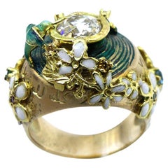 21st Century Diamond Fire Enamels Flowers Bird Garden Emeralds Rubies Gold Ring