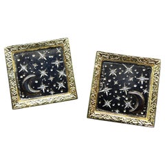 21st Century Old Cut Diamonds Moon Stars Silver Gold Plated Framework Earrings