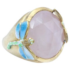 21st Century Rose Quartz Fire Enamel Dragonfly Silver Gold Plated Cocktail Ring