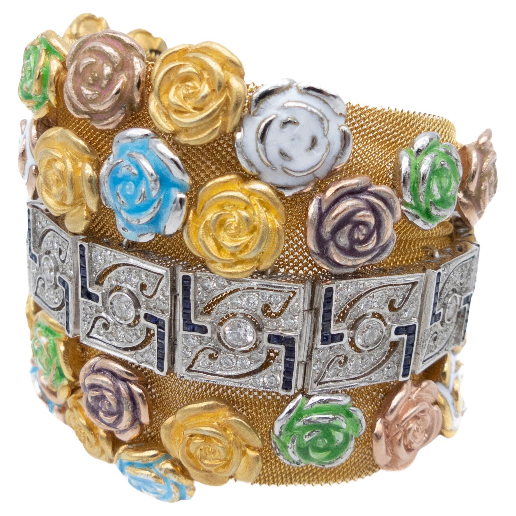 21st Century White Gold Rivière Diamonds Sapphires Mesh Bracelet Enamel Roses