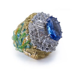 4.43ct Ceylon Sapphire Diamond 18K Gold Enamel Ring by Vicente Gracia