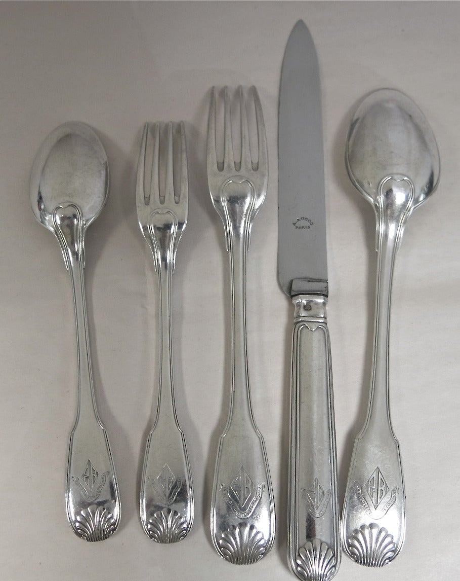 Shell & Thread (Coquille) Pattern, High Standard, 950, Silver Flatware Service For 24 People By Parisian Silversmith Andre Aucoc. 
Set Consists Of 24 Table Knives (Stainless Blades), 24 table Forks, 24 Table Spoons, 24 Dessert Spoons & 24