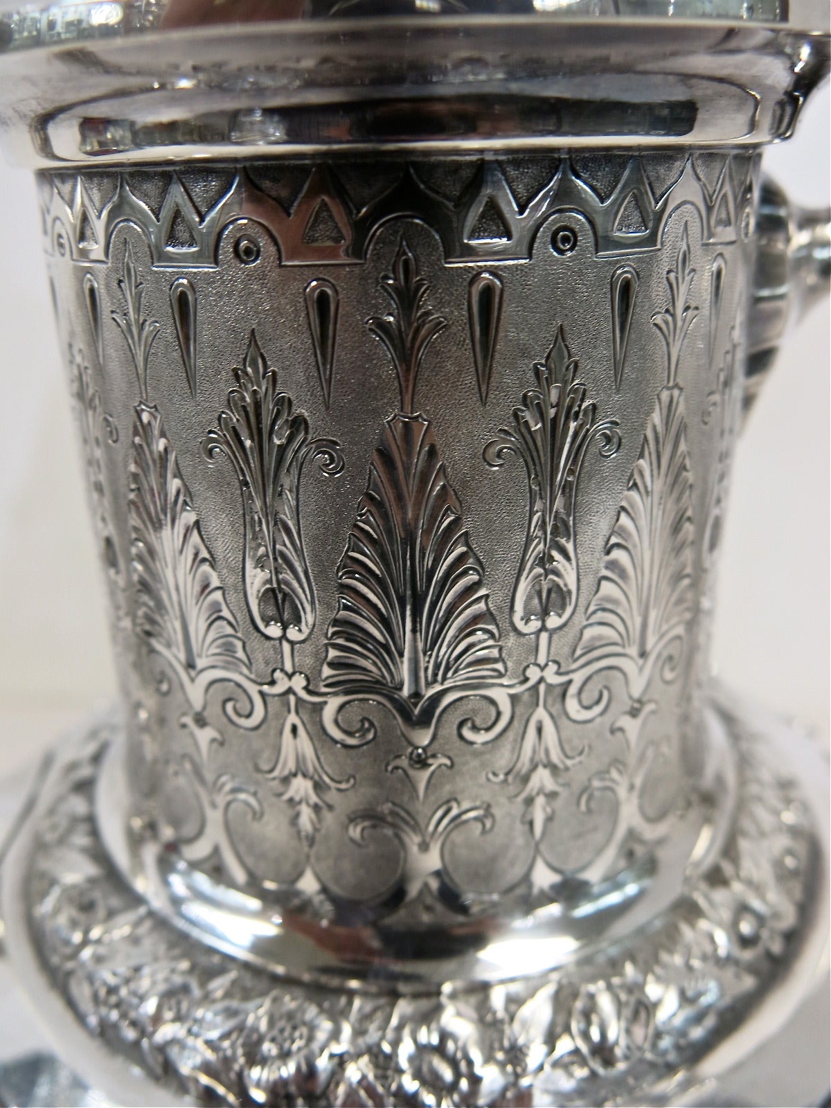 Antique Sterling Silver Scottish Coffee Pot. Victorian, Dated 1864. Made By William Marshall, Edinburgh. Very Unusual Design With Hand Chased & Engraved Decoration Throughout & Stippled Work On All The Plain Surfaces Give This Coffee Pot An Amazing