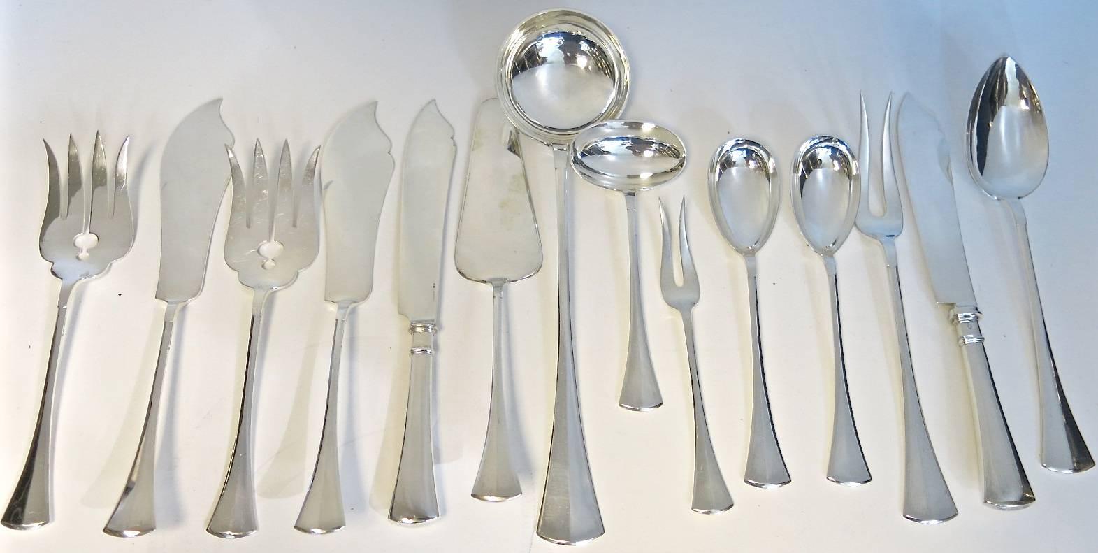 A very large & comprehensive flatware set, complete for 18 people with a selection of 14 serving pieces. Retailed by Antal Bachruch, Budapest, Circa 1920's. Bachruch was an important silver & jewelry retailer at the turn of the 19th/20th