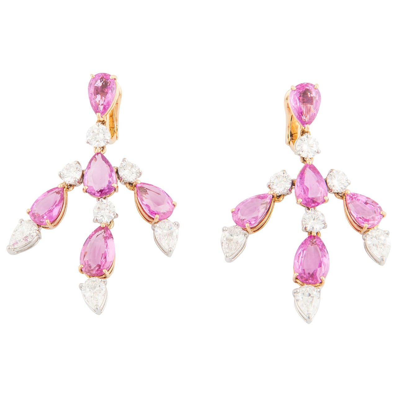 Bayco One of a Kind Pink Sapphire Diamond Gold Platinum Chandelier Earrings For Sale
