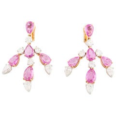 Bayco One of a Kind Pink Sapphire Diamond Gold Platinum Chandelier Earrings