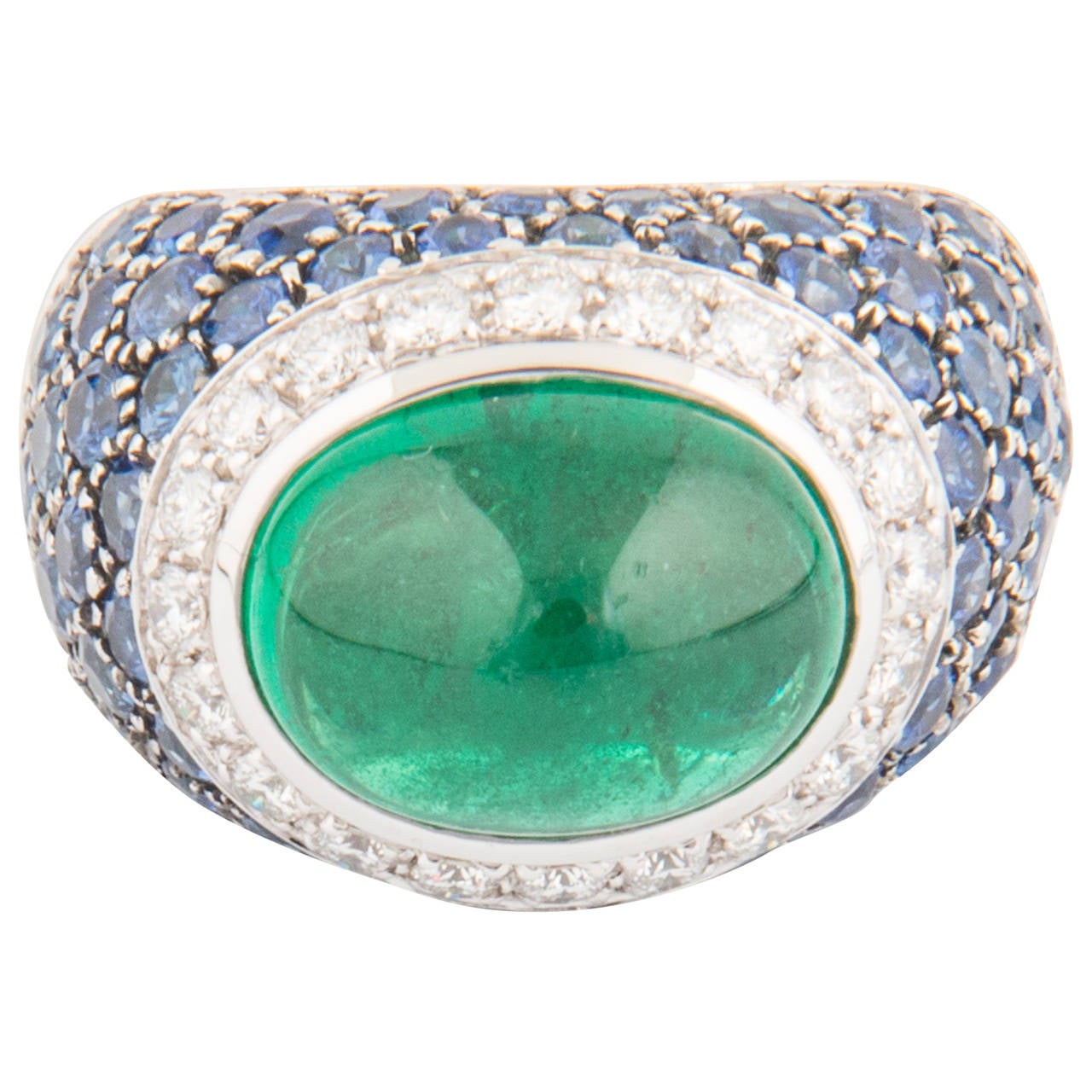 Italian Cabochon Emerald Diamond Gold Dome Ring For Sale