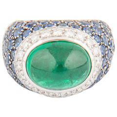 Italian Cabochon Emerald Diamond Gold Dome Ring