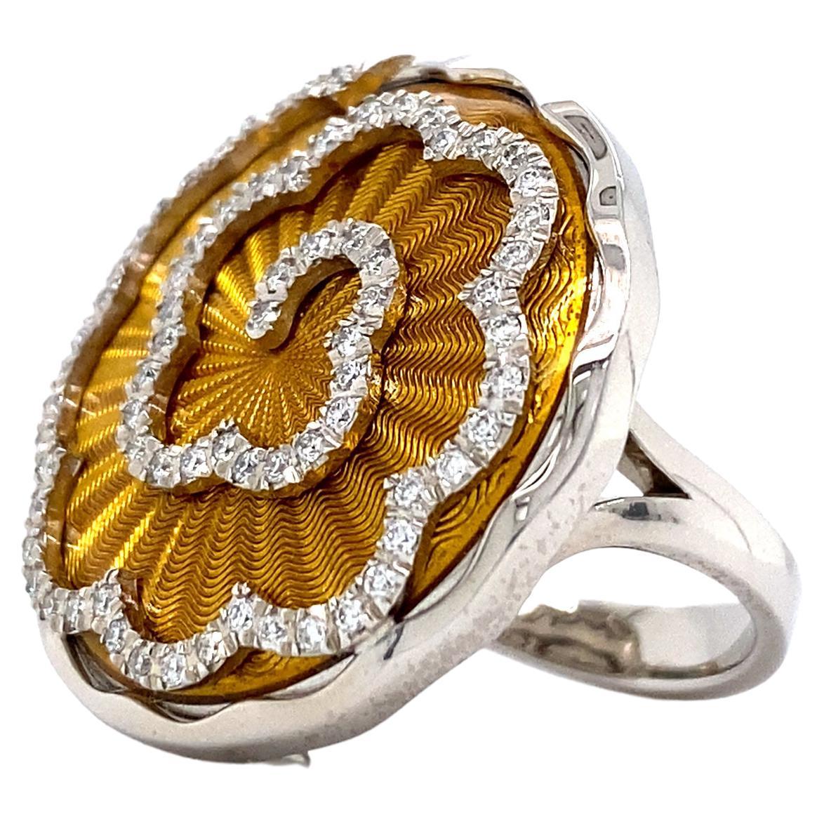 Round Amber Yellow Enamel Ring 18k White Gold 72 diamonds 0.53 ct 27 mm For Sale