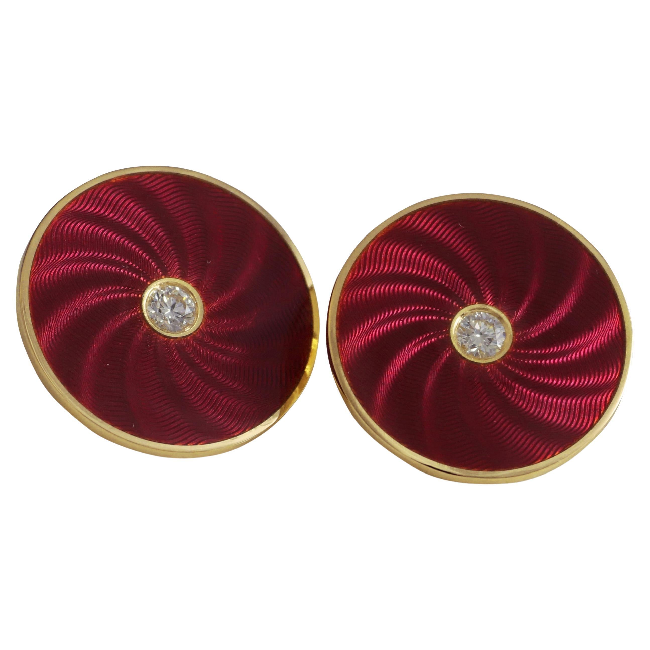 Round Victor Mayer Cufflinks, Globetrotter collection, 18k Yellow Gold, Raspberry Red Guilloche Enamel, 2 diamonds total 0.26 ct, G VS brilliant cut

Reference: V1057/RH/00/00/102
Brand: VICTOR MAYER
Collection: Globetrotter collection
Material: 18k