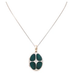 Oval Locket Pendant 18k White Gold Emerald Green Enamel 8 Diamonds 0.16 ct H VS