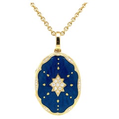 Ciondolo ovale a medaglione in oro giallo 18k con smalto vitreo blu 37 diamanti 0,29ct