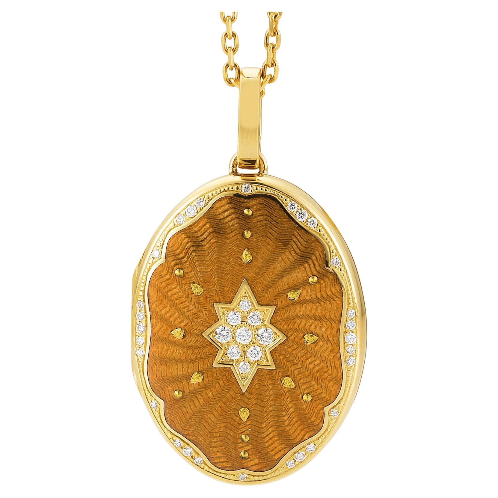 Oval Locket Pendant 18k Yellow Gold Yellow Vitreous Enamel 37 Diamonds 0.29 ct