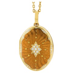 Oval Locket Pendant 18k Yellow Gold Yellow Vitreous Enamel 37 Diamonds 0.29 ct