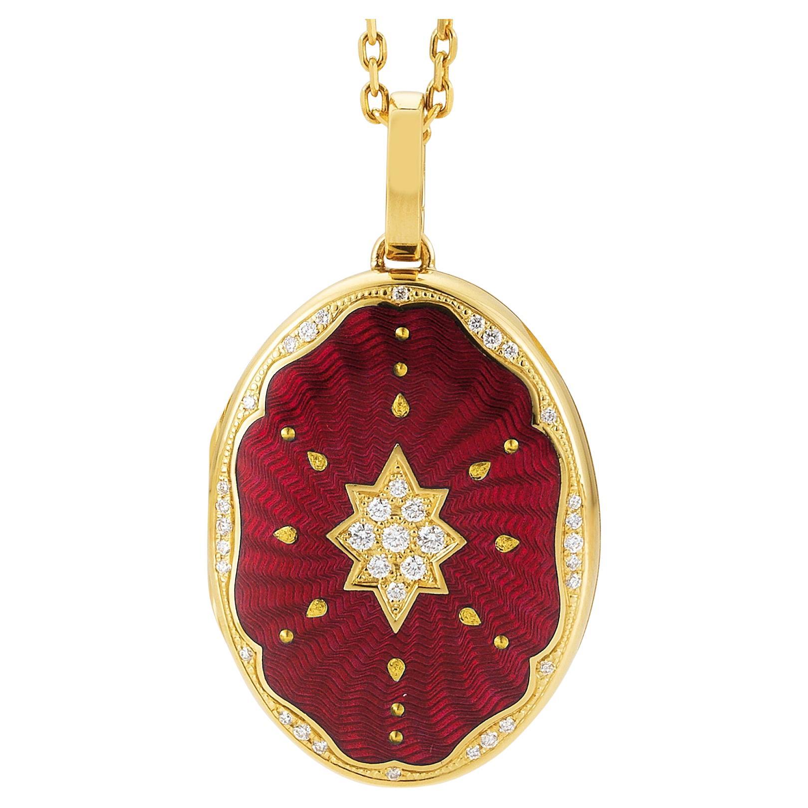 Oval Locket Pendant Necklace 18k Yellow Gold Red Enamel 37 Diamonds 0.29 ct G VS