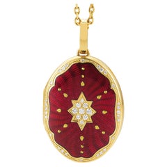 Oval Locket Pendant Necklace 18k Yellow Gold Red Enamel 37 Diamonds 0.29 ct G VS