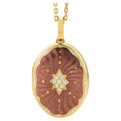 Oval Locket Pendant Necklace 18k Yellow Gold Duskypink Enamel 37 Diamonds 0.29ct