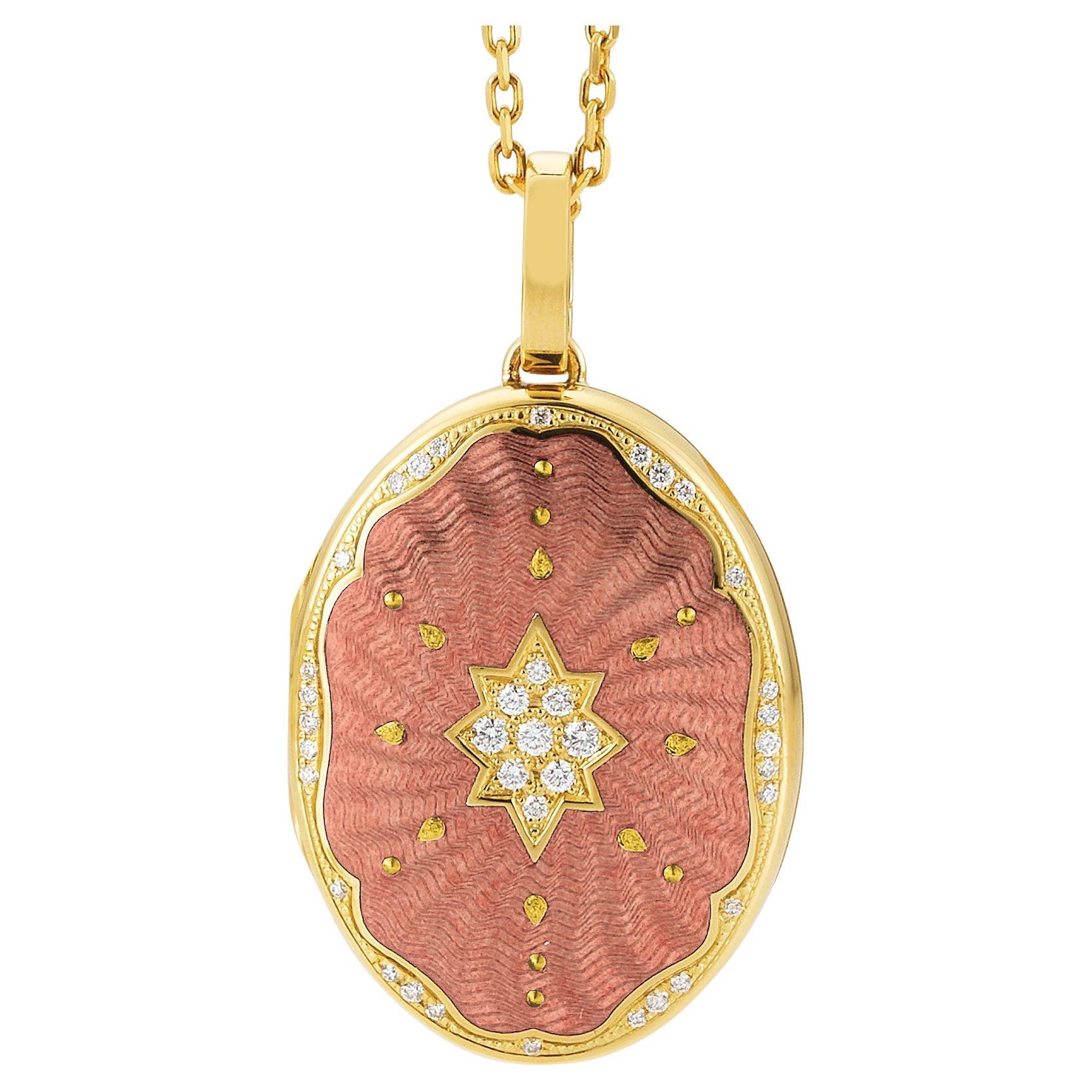 Oval Locket Pendant Necklace 18k Yellow Gold Rose Enamel 37 Diamonds 0.29 ct GVS
