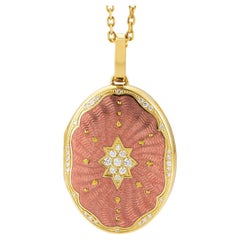 Oval Locket Pendant Necklace 18k Yellow Gold Rose Enamel 37 Diamonds 0.29 ct GVS