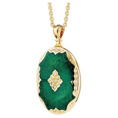 Oval Locket Necklace 18k Yellow Gold Green Enamel Guilloche 25 Diamonds 0.29 ct