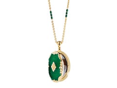 Oval Locket Necklace 18k Yellow Gold Green Enamel Guilloche 25 Diamonds 0.29 ct