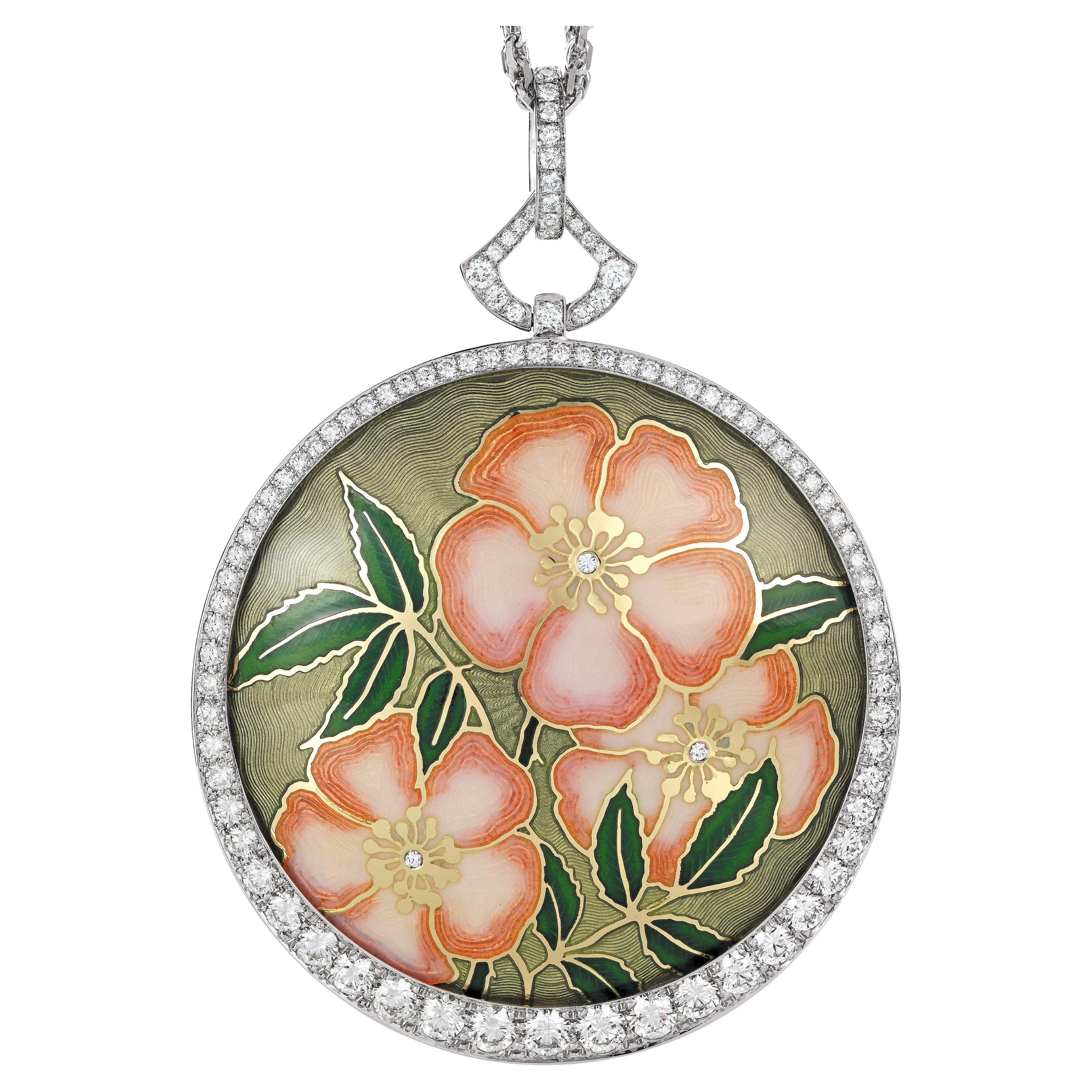 Victor Mayer Pendant Necklace 18k White Gold Cloisonné Enamel 109 Diamonds 3 ct For Sale