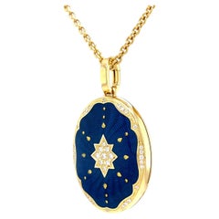 Collana con ciondolo a forma di medaglione ovale  Oro giallo 18k Smalto blu 37 Diamanti 0,29ct
