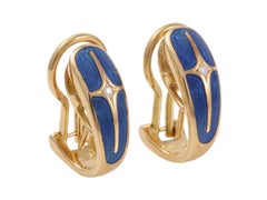 Fabergé 18k Yellow Gold Translucent Blue Enamel Diamond Omega Clip Earrings