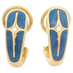 Fabergé 18k Yellow Gold Translucent Blue Enamel Diamond Omega Clip Earrings