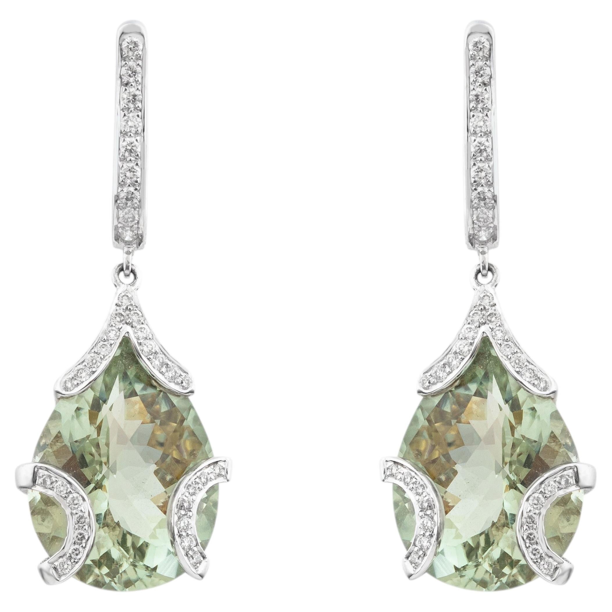 Contemporary Cocktail Green Amethyst & Diamond Halo Drop Earrings in 18K Gold