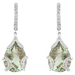 Contemporary Cocktail Green Amethyst & Diamond Halo Drop Earrings in 18K Gold