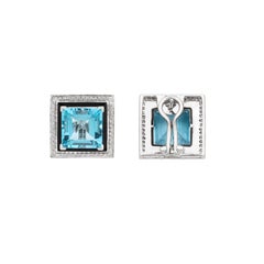 Art Deco Style Square Blue Topaz, Onyx & Diamond Halo Stud Earrings in 18K Gold