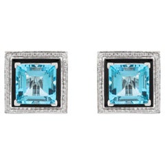 Art Deco Style Square Blue Topaz, Onyx & Diamond Halo Stud Earrings in 18K Gold