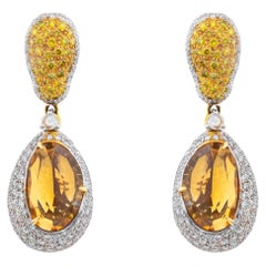 Pendientes de cóctel con topacio dorado de talla ovalada y diamantes blancos, en forma de racimo, de oro de 18 quilates