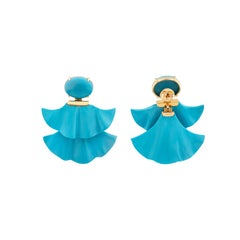 Pendientes largos contemporáneos con volantes en capas de color turquesa, en oro amarillo de 18 quilates