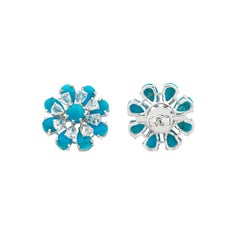 Pendientes de perla con diseño floral de turquesa y diamantes, estilo de mediados de siglo, en oro