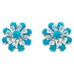 Pendientes de perla con diseño floral de turquesa y diamantes, estilo de mediados de siglo, en oro