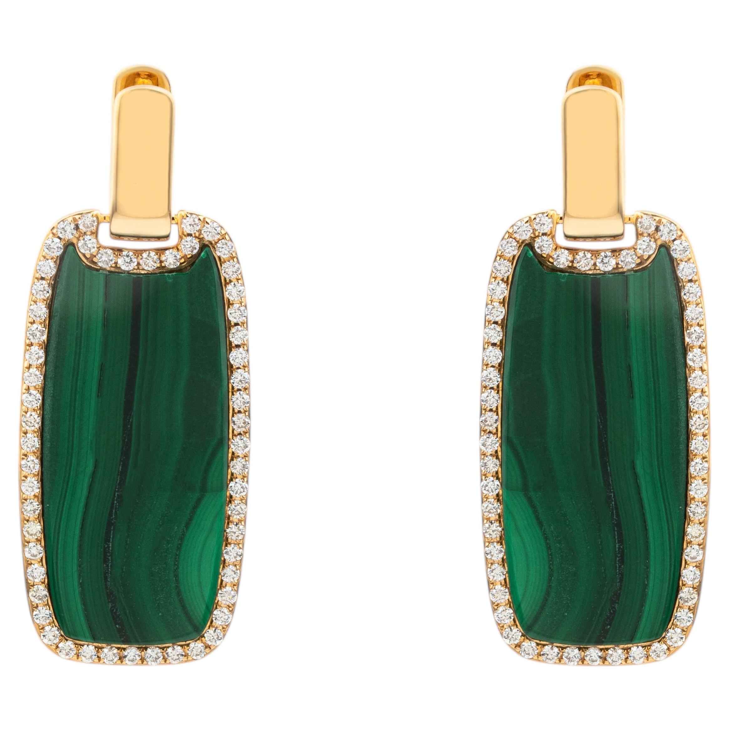Malachite and Diamond Halo Drop Earrings in 18K Yellow Gold Contemporary Design