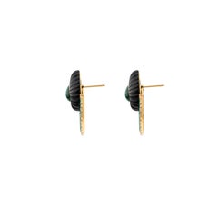 Pendientes estilo Art Déco con forma de abanico, de ónix negro estriado, malaquita y diamantes, en oro de 18 quilates