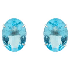 Art Deco Style Oval Cut Blue Topaz 35.90 cts Solitaire Stud Earrings White Gold