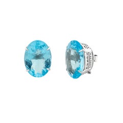 Art Deco Style Oval Cut Blue Topaz 35.90 cts Solitaire Stud Earrings White Gold