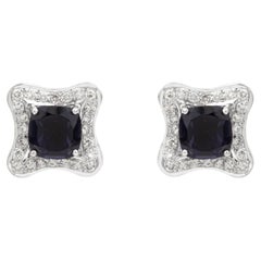 Cushion Cut Natural Blue Sapphire and Diamond Halo 18k White Gold Stud Earrings