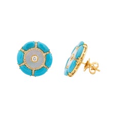 Art Deco Style 18K Yellow Gold Natural Blue Turquoise and Diamond Stud Earrings