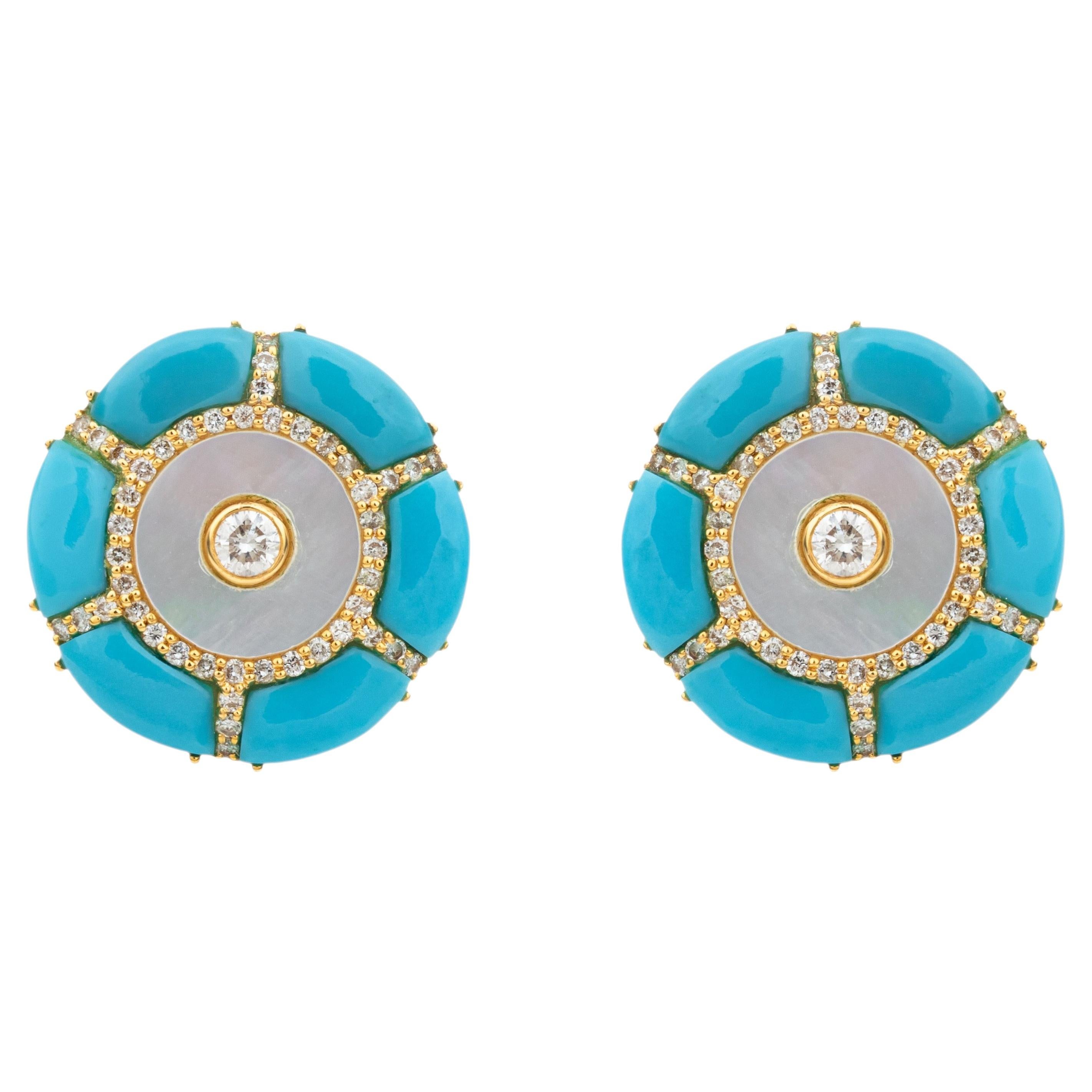 Ohrstecker im Art-Déco-Stil aus 18-karätigem Gelbgold mit natürlichem blauem Türkis und Diamanten im Angebot