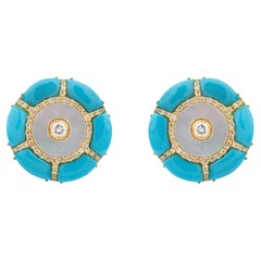 Art Deco Style Natural Blue Turquoise and Diamond Stud Earrings 18K Yellow Gold